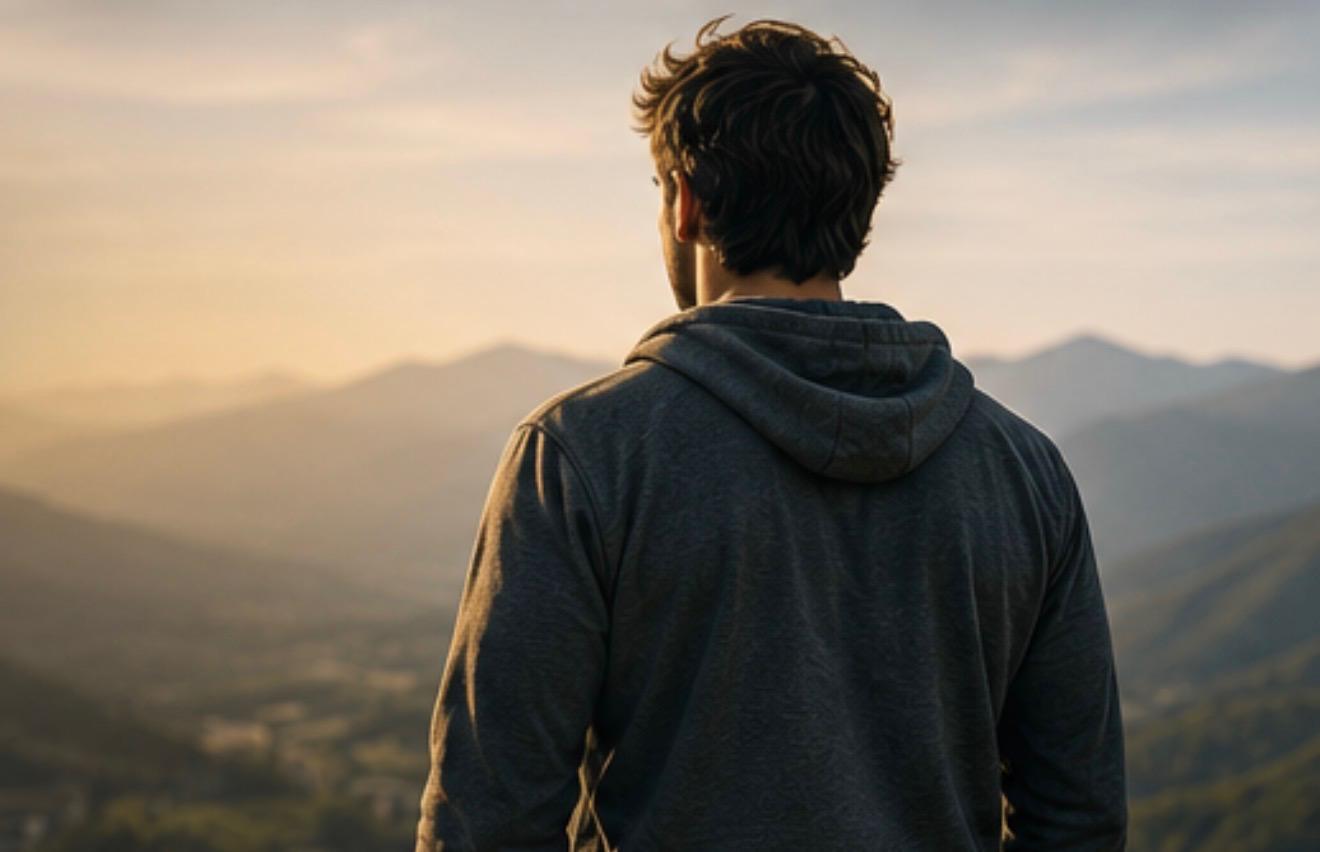 A young man looks out over a mountain valley at sunrise