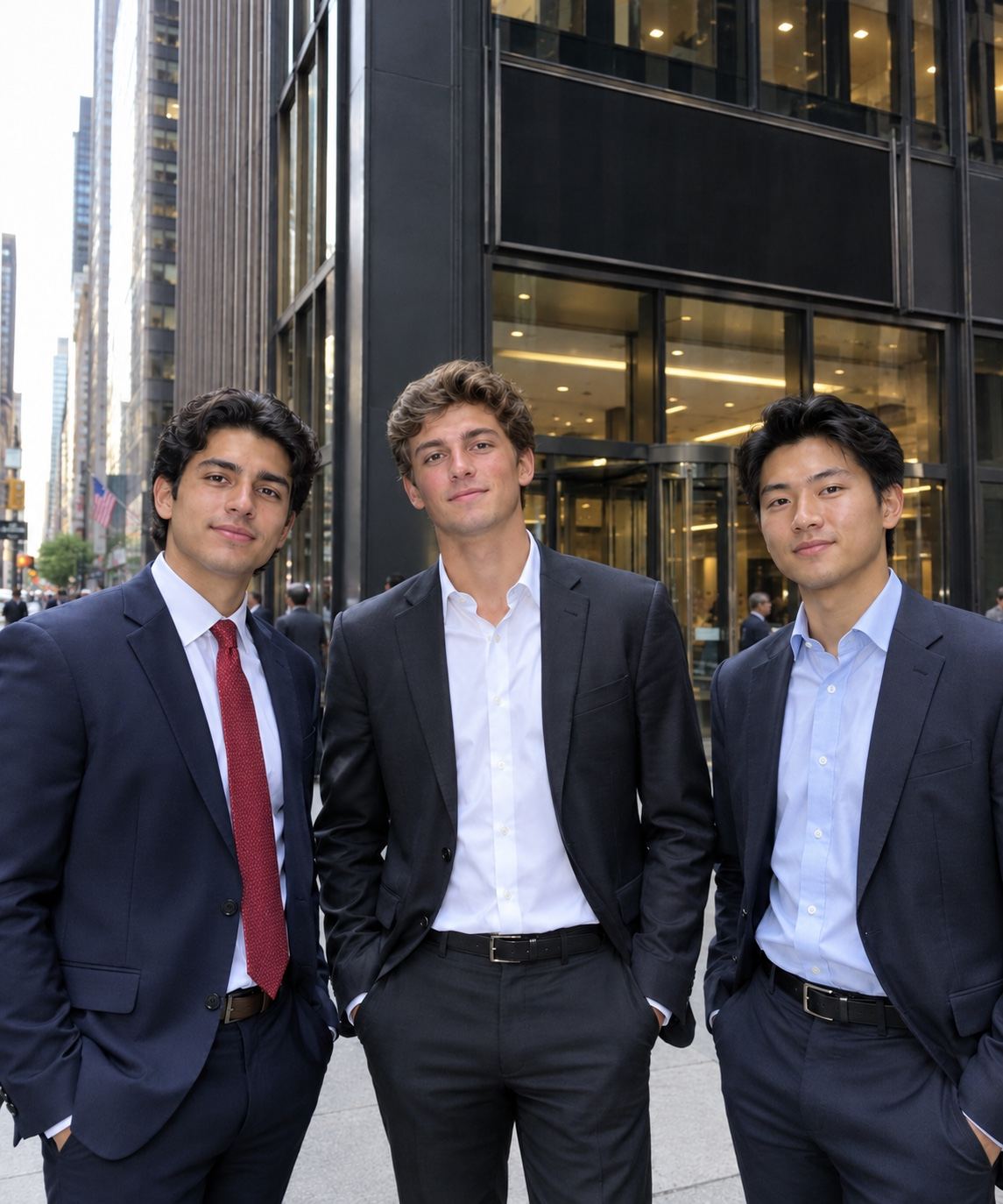Three young men in suits standing together on a city street